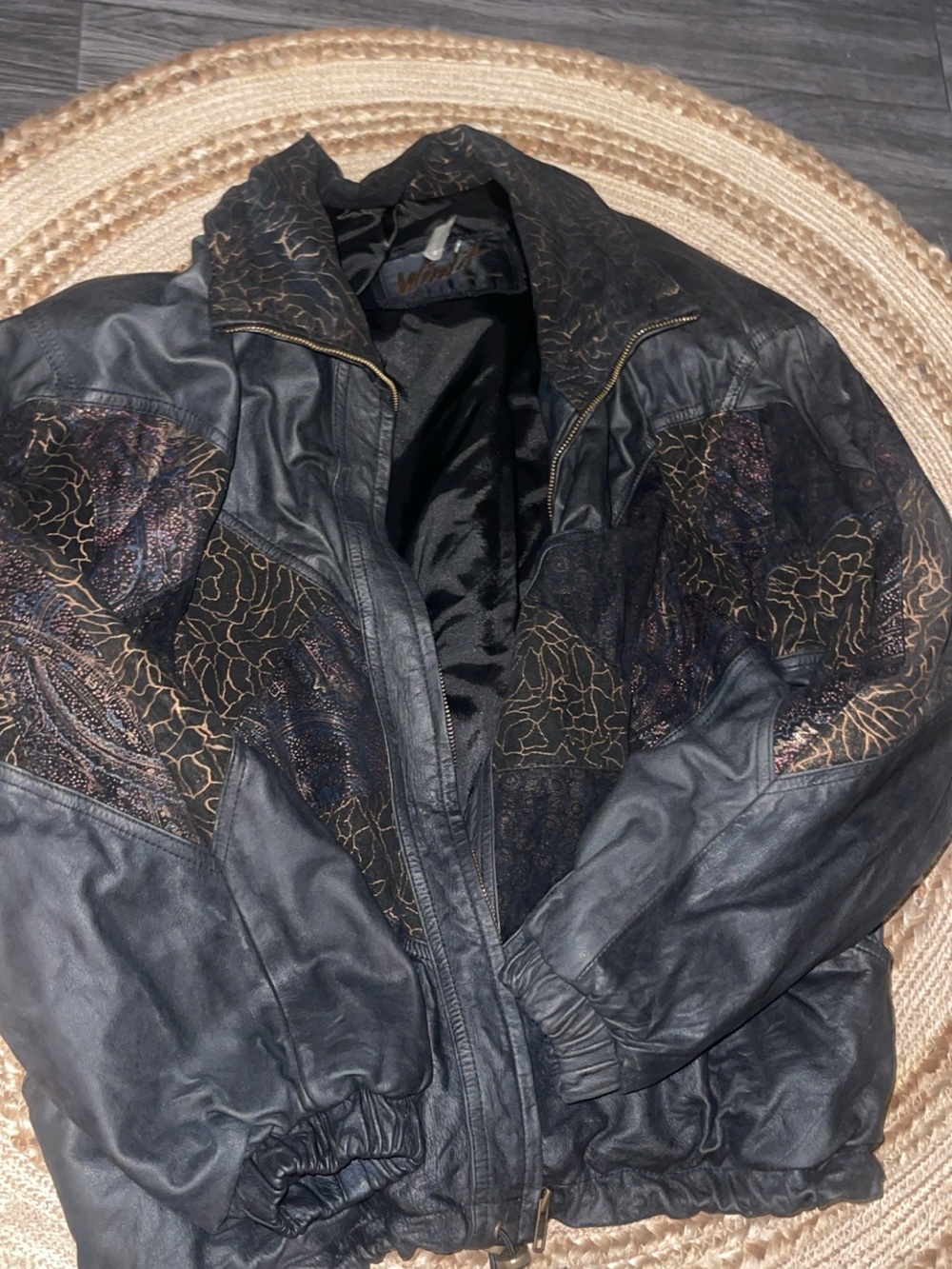 100% genuine leather Women's Black Leather Bomber Jacket with Metallic Pattern